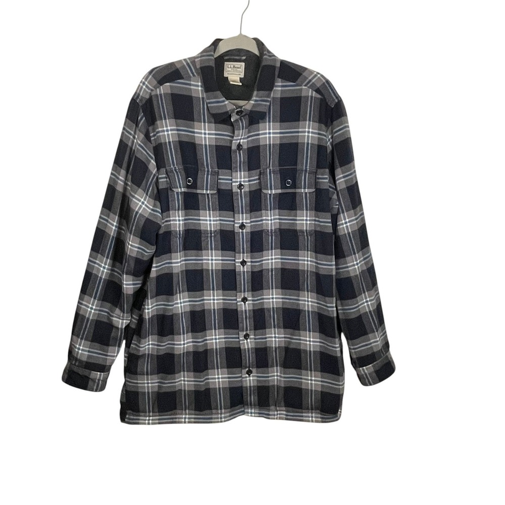 LL Bean Mens Large Tall Fleece Lined Flannel Shirt Jacket Plaid Navy 298190